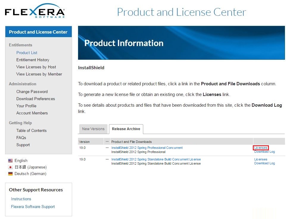 Licenses link next to product.